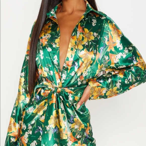 PrettyLittleThing Dresses & Skirts - NWT PrettyLittleThing Green Knot Shirt Dress 2